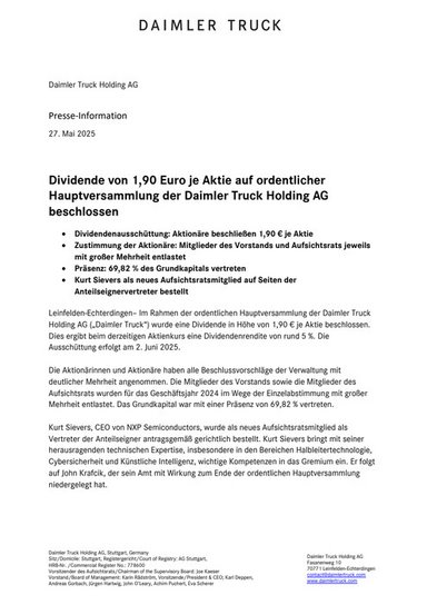 Dividende von 1,90 Euro je Aktie auf ordentlicher Hauptversammlung der Daimler Truck Holding AG beschlossen