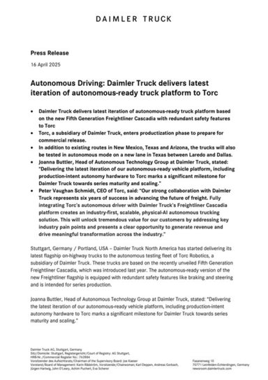 Autonomous Driving: Daimler Truck delivers latest iteration of autonomous-ready truck platform to Torc