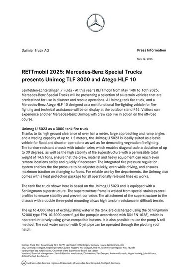 RETTmobil 2025: Mercedes-Benz Special Trucks presents Unimog TLF 3000 and Atego HLF 10