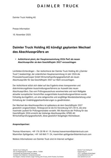 Daimler Truck Holding AG kündigt geplanten Wechsel des Abschlussprüfers an