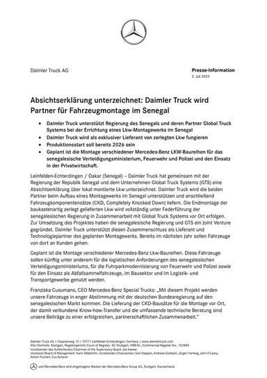 Absichtserklärung unterzeichnet: Daimler Truck wird Partner für Fahrzeugmontage im Senegal