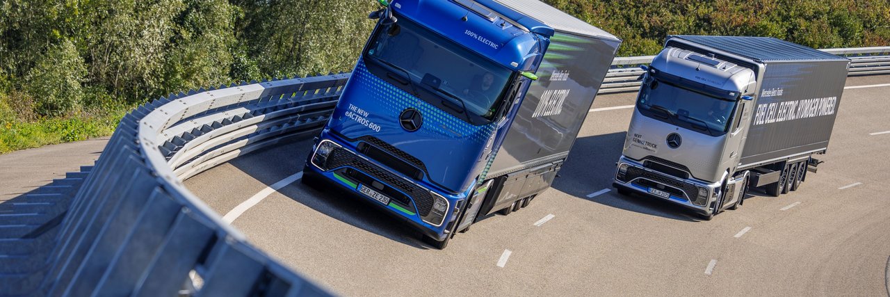 Mercedes-Benz eActros 600 und NextGenH2 auf der Einfahrbahn