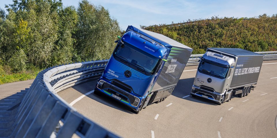 Mercedes-Benz eActros 600 und NextGenH2 auf der Einfahrbahn