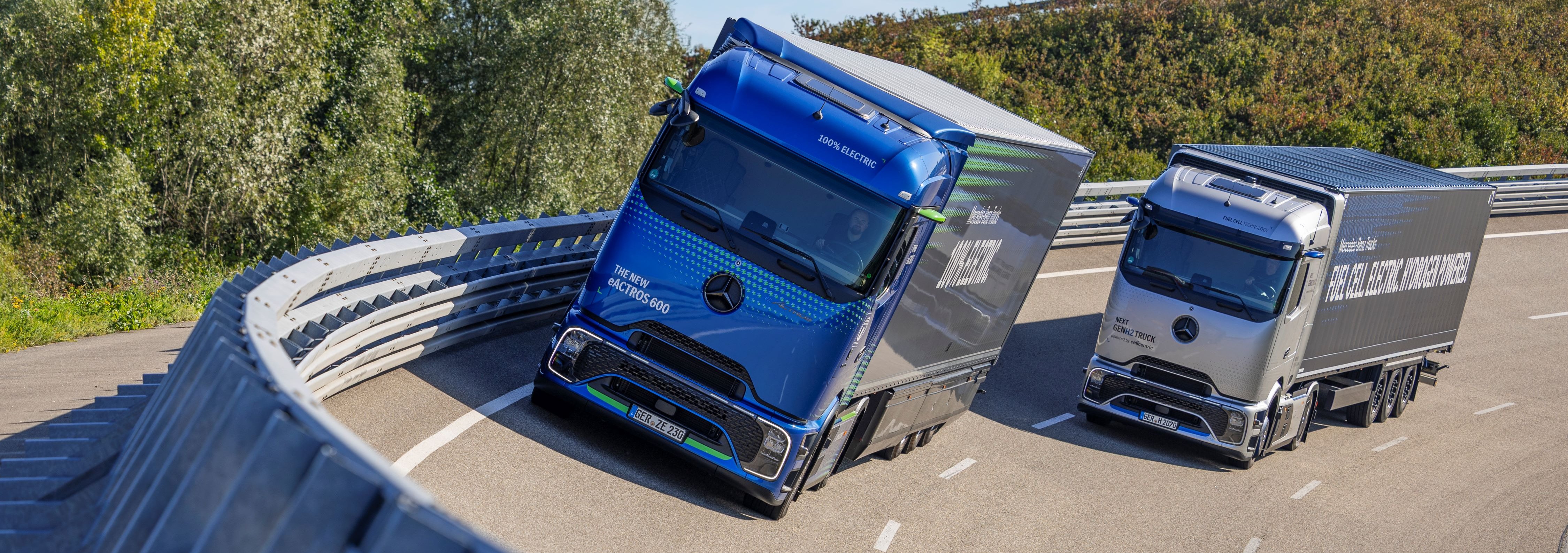 Mercedes-Benz eActros 600 und NextGenH2 auf der Einfahrbahn