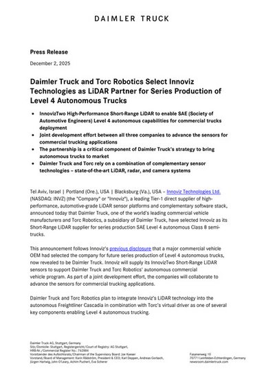 Daimler Truck and Torc Robotics Select Innoviz Technologies as LiDAR Partner for Series Production of Level 4 Autonomous Trucks