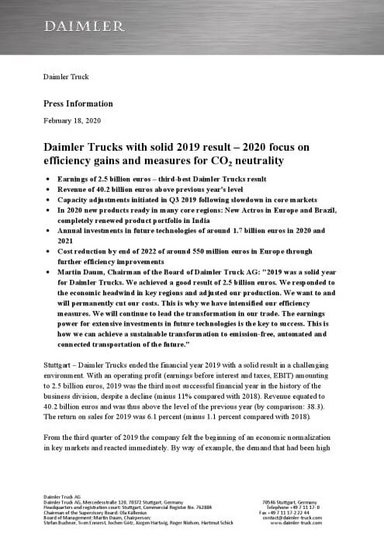 Daimler Trucks with solid 2019 result – 2020 focus on efficiency gains and measures for CO2 neutrality