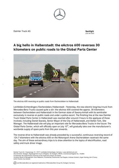 A big hello in Halberstadt: the eActros 600 reverses 30 kilometers on public roads to the Global Parts Center