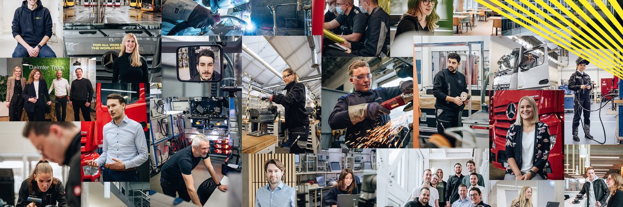 Eine Collage aus verschiedenen Bildern, die Mitarbeitende, Auszubildende und Szenen aus Arbeitsprozessen bei Daimler Truck zeigt.