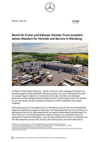 Bereit für E-Lkw und E-Busse: Daimler Truck erweitert seinen Standort für Vertrieb und Service in Würzburg