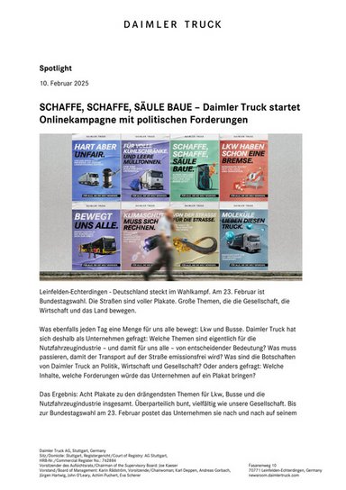 SCHAFFE, SCHAFFE, SÄULE BAUE – Daimler Truck startet Onlinekampagne mit politischen Forderungen