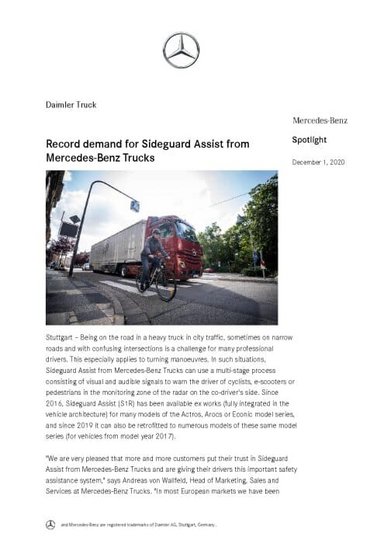 Record demand for Sideguard Assist from Mercedes-Benz Trucks