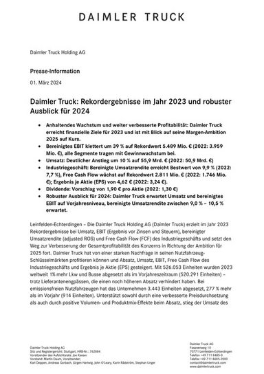 Daimler Truck: Rekordergebnisse im Jahr 2023 und robuster Ausblick für 2024