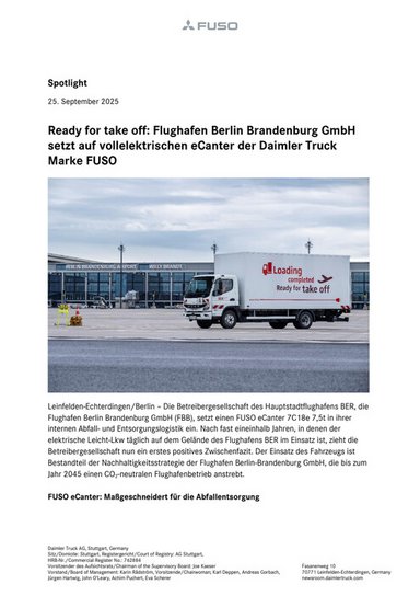 Ready for take off: Flughafen Berlin Brandenburg GmbH setzt auf vollelektrischen eCanter der Daimler Truck Marke FUSO