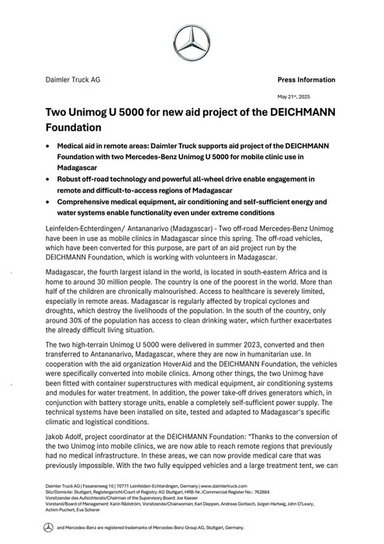 Two Unimog U 5000 for new aid project of the DEICHMANN Foundation