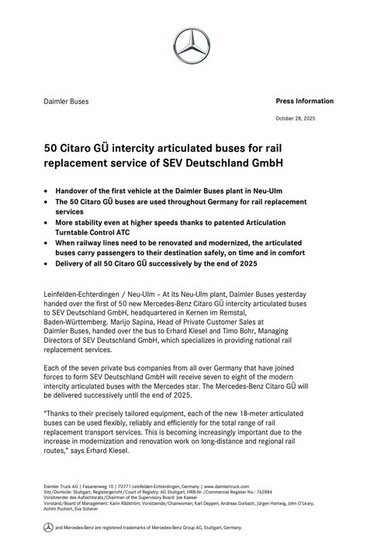 50 Citaro GÜ intercity articulated buses for rail replacement service of SEV Deutschland GmbH
