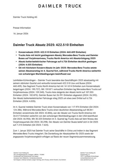 Daimler Truck Absatz 2025: 422.510 Einheiten