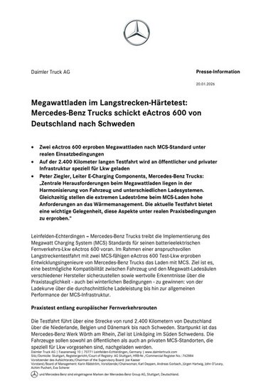 Megawattladen im Langstrecken Härtetest: Mercedes Benz Trucks schickt eActros 600 von Deutschland nach Schweden