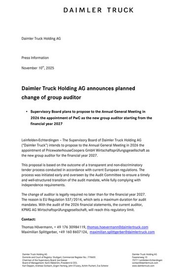 Daimler Truck Holding AG announces planned change of group auditor