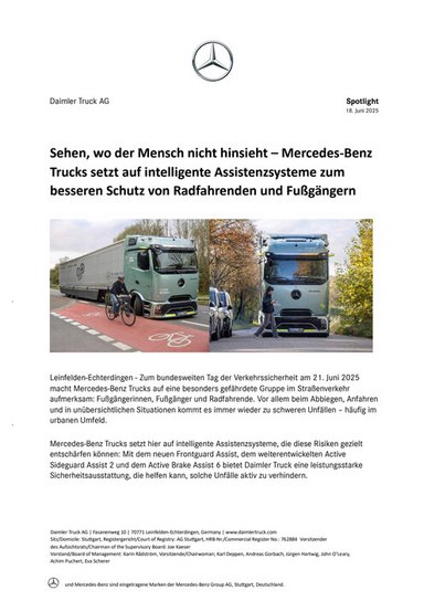 Sehen, wo der Mensch nicht hinsieht – Mercedes-Benz Trucks setzt auf intelligente Assistenzsysteme zum besseren Schutz von Radfahrenden und Fußgängern