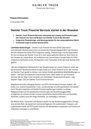 Daimler Truck Financial Services startet in der Slowakei