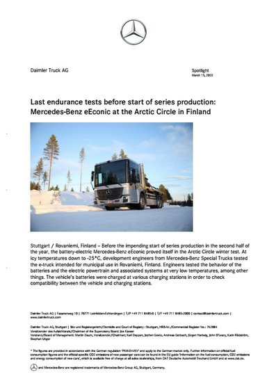 Last endurance tests before start of series production: Mercedes-Benz eEconic at the Arctic Circle in Finland