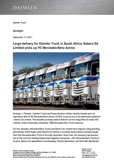 Large delivery for Daimler Truck in South Africa: Bakers SA Limited picks up 90 Mercedes-Benz Actros