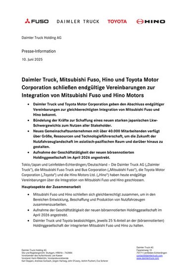 Daimler Truck, Mitsubishi Fuso, Hino und Toyota Motor Corporation schließen endgültige Vereinbarungen zur Integration von Mitsubishi Fuso und Hino Motors