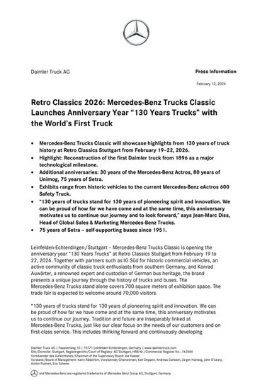Retro Classics 2026: Mercedes-Benz Trucks Classic Launches Anniversary Year “130 Years Trucks” with the World’s First Truck