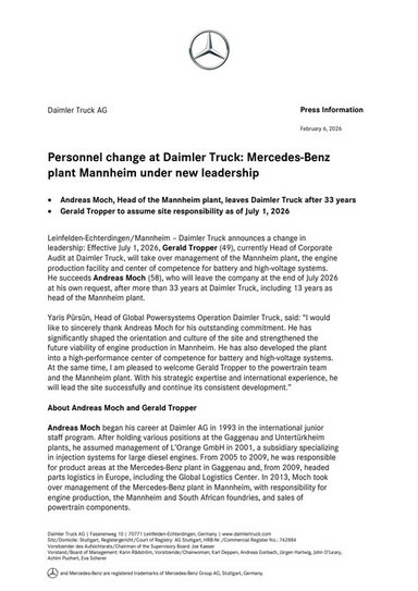 Personnel change at Daimler Truck: Mercedes‑Benz plant Mannheim under new leadership