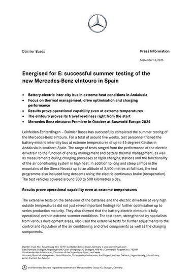 Energised for E: successful summer testing of the new Mercedes-Benz eIntouro in Spain