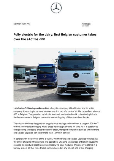 Fully electric for the dairy: first Belgian customer takes over the eActros 600