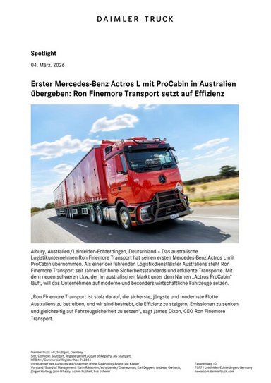 Erster Mercedes-Benz Actros L mit ProCabin in Australien übergeben: Ron Finemore Transport setzt auf Effizienz