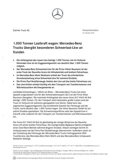 1.000 Tonnen Lastkraft wagen: Mercedes-Benz Trucks übergibt besonderen Schwerlast-Lkw an Kunden