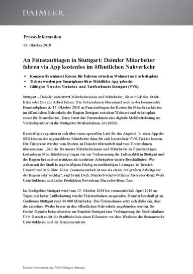 An Feinstaubtagen in Stuttgart: Daimler Mitarbeiter fahren via App kostenlos im öffentlichen Nahverkehr