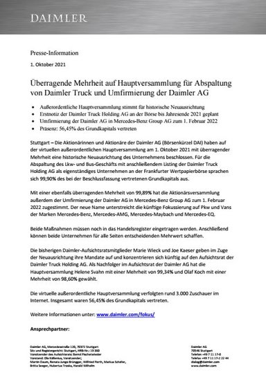 Überragende Mehrheit auf Hauptversammlung für Abspaltung von Daimler Truck und Umfirmierung der Daimler AG