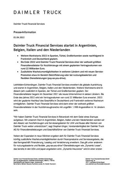 Daimler Truck Financial Services startet in Argentinien, Belgien, Italien und den Niederlanden