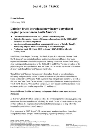 Daimler Truck introduces new heavy-duty diesel engine generation in North America