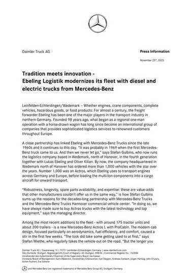 Tradition meets innovation - Ebeling Logistik modernizes its fleet with diesel and electric trucks from Mercedes Benz