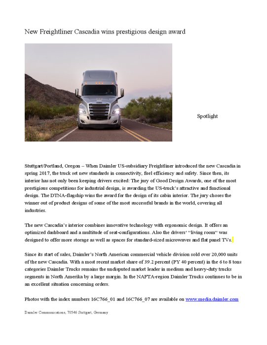 New Freightliner Cascadia wins prestigious design award