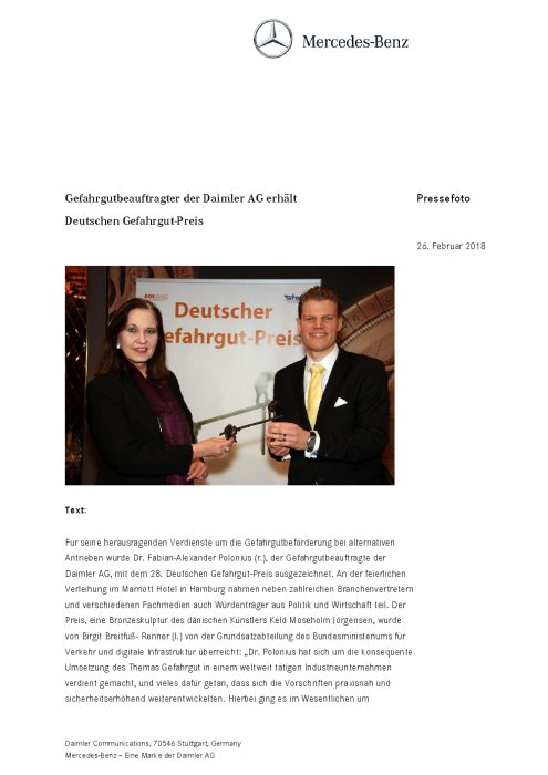 Gefahrgutbeauftragter der Daimler AG erhält Deutschen Gefahrgut-Preis