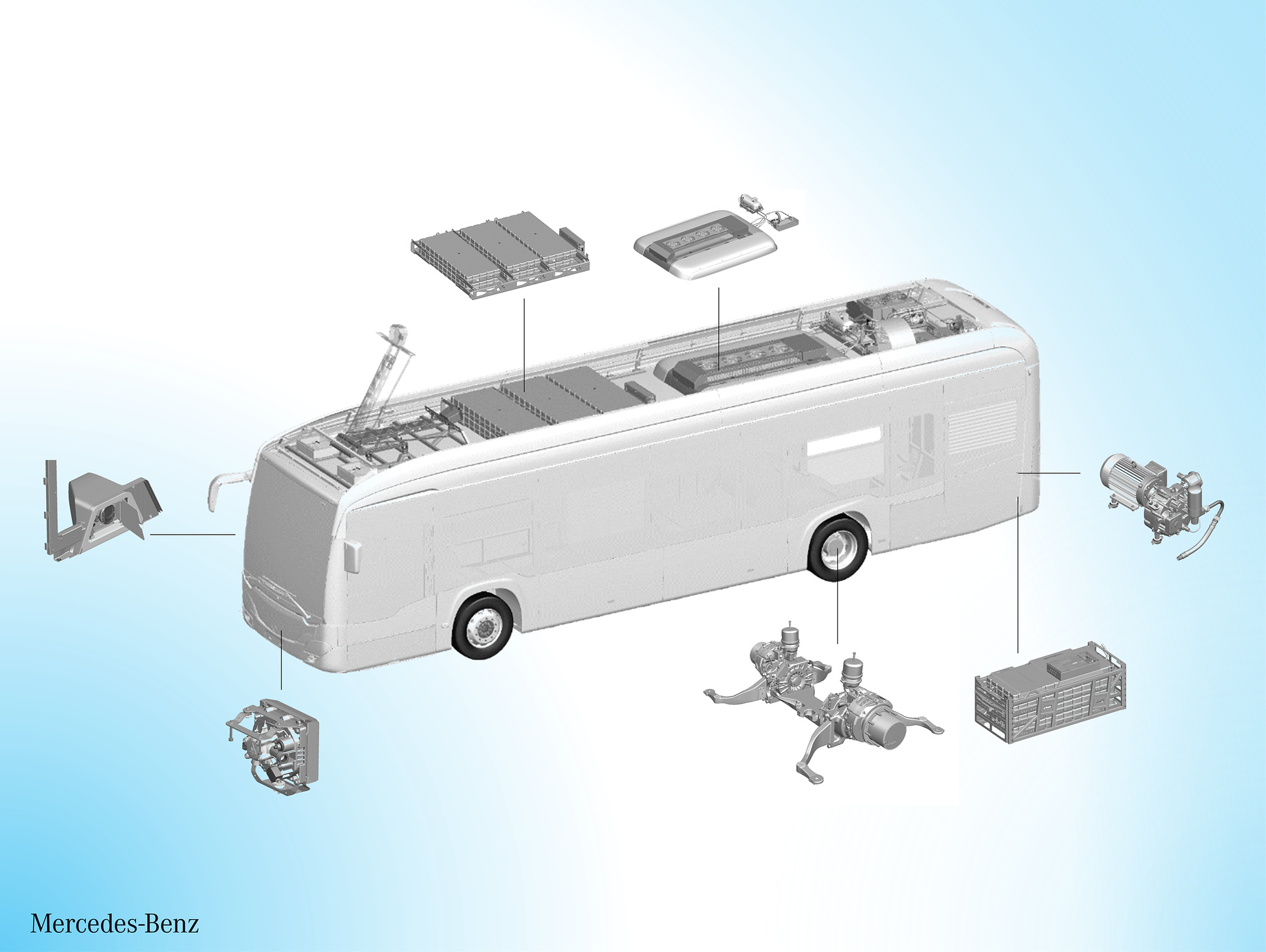 Mercedes-Benz Citaro mit vollelektrischem Antrieb, Grafik, 2 x elektrischer Radnabenmotor, 2 x 125 kW, 2 x 485 Nm // Mercedes-Benz Citaro with full-electric drive system, graphic, 2 x electric hub motor, 2 x 125 kW, 2 x 485 Nm Mercedes-Benz Citaro mit vollelektrischem Antrieb: eWorkshop: Der Mercedes-Benz Citaro fährt elektrisch