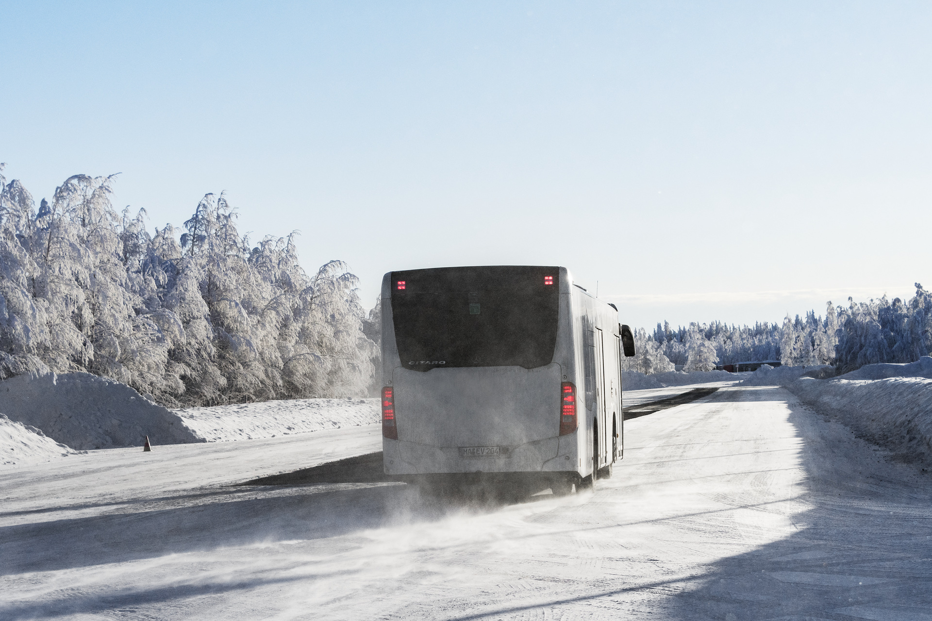 Mercedes-Benz Citaro mit vollelektrischem Antrieb, Exterieur, 2 x elektrischer Radnabenmotor, 2 x 125 kW, 2 x 485 Nm, Wintererprobung 2018, Finnland Mercedes-Benz Citaro mit vollelektrischem Antrieb