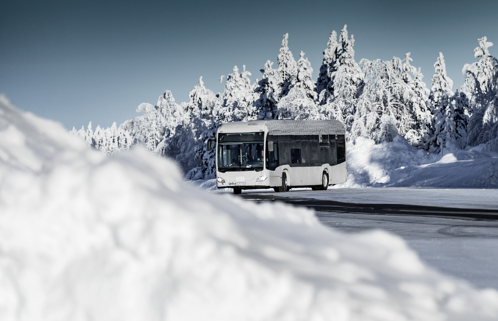 Mercedes-Benz Citaro mit vollelektrischem Antrieb, Exterieur, 2 x elektrischer Radnabenmotor, 2 x 125 kW, 2 x 485 Nm, Wintererprobung 2018, Finnland Mercedes-Benz Citaro mit vollelektrischem Antrieb