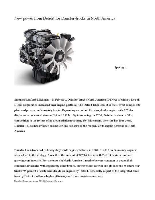 New power from Detroit for Daimler-trucks in North America