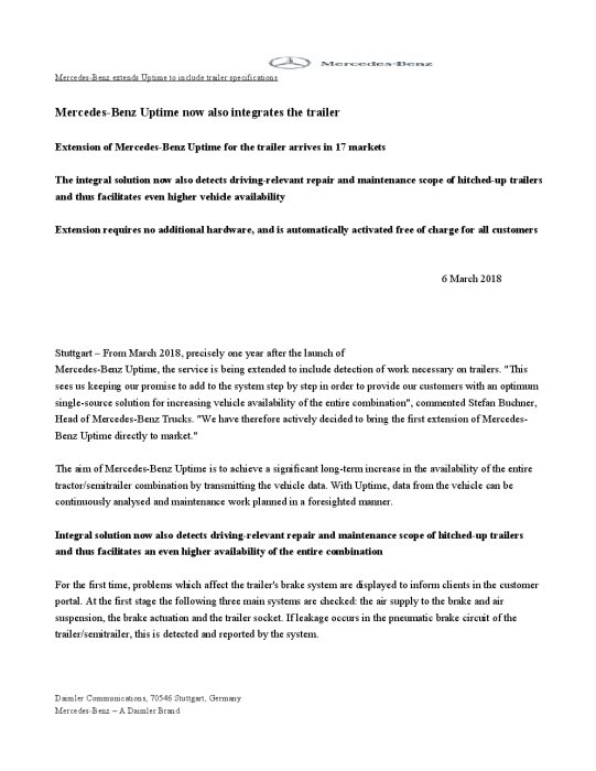 Mercedes-Benz extends Uptime to include trailer specifications: Mercedes-Benz Uptime now also integrates the trailer