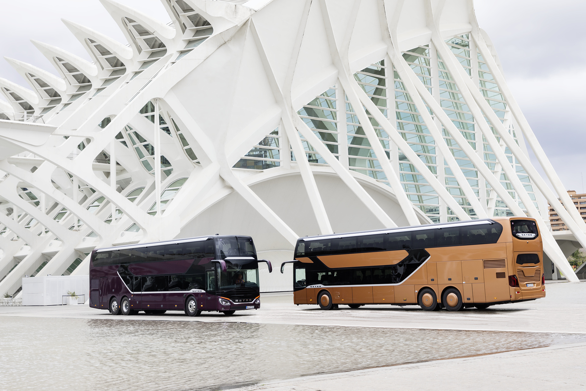 v.l.n.r.: Setra S 531 DT TopClass 500, Exterieur, Viola Pyxis Metallic, OM 471 mit 375 kW (510 PS), 12,8 L Hubraum, 8-Gang Mercedes PowerShift, Active Brake Assist 4, Sideguard Assist, LED-Scheinwerfer, Länge/Breite/Höhe: 14.000/2.550/4.000 mm, Bestuhlung: 1/78; Setra S 531 DT TopClass 500, Exterieur, Peach Metallic, OM 471 mit 375 kW (510 PS), 12,8 L Hubraum, 8-Gang Mercedes PowerShift, Active Brake Assist 4, Sideguard Assist, LED-Scheinwerfer, Länge/Breite/Höhe: 14.000/2.550/4.000 mm, Bestuhlung: 1/79 Setra S 531 DT TopClass 500, Modelljahr 2017