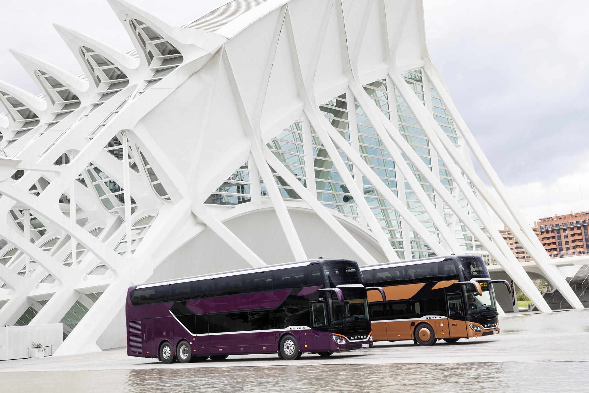 v.l.n.r.: Setra S 531 DT TopClass 500, Exterieur, Viola Pyxis Metallic, OM 471 mit 375 kW (510 PS), 12,8 L Hubraum, 8-Gang Mercedes PowerShift, Active Brake Assist 4, Sideguard Assist, LED-Scheinwerfer, Länge/Breite/Höhe: 14.000/2.550/4.000 mm, Bestuhlung: 1/78; Setra S 531 DT TopClass 500, Exterieur, Peach Metallic, OM 471 mit 375 kW (510 PS), 12,8 L Hubraum, 8-Gang Mercedes PowerShift, Active Brake Assist 4, Sideguard Assist, LED-Scheinwerfer, Länge/Breite/Höhe: 14.000/2.550/4.000 mm, Bestuhlung: 1/79 Setra S 531 DT TopClass 500, Modelljahr 2017