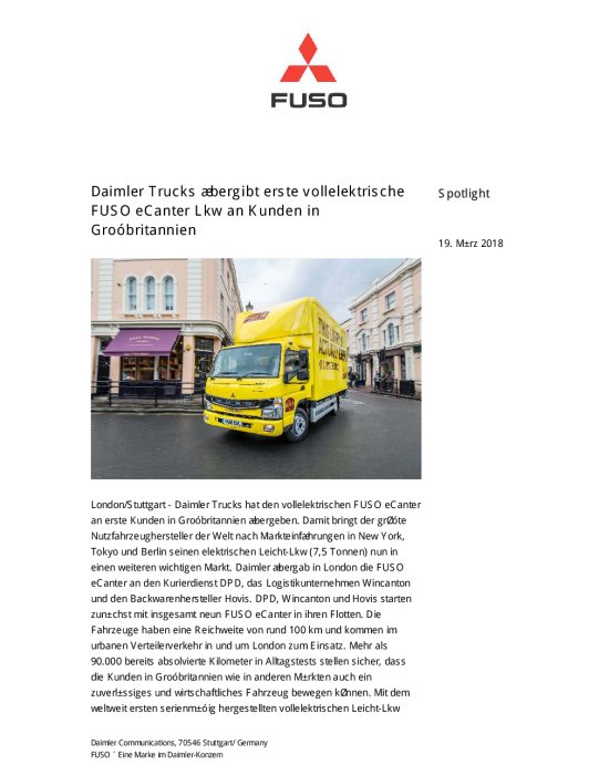 Daimler Trucks übergibt erste vollelektrische FUSO eCanter Lkw an Kunden in Großbritannien
