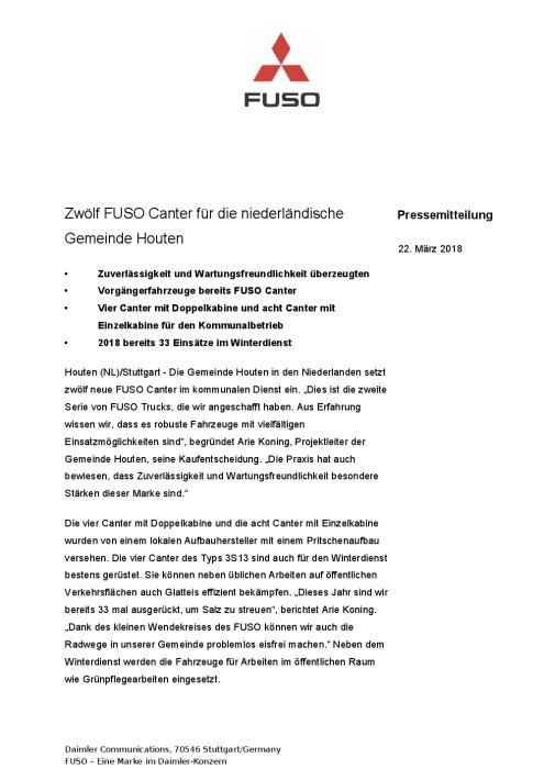 Zwölf FUSO Canter für die niederländische Gemeinde Houten