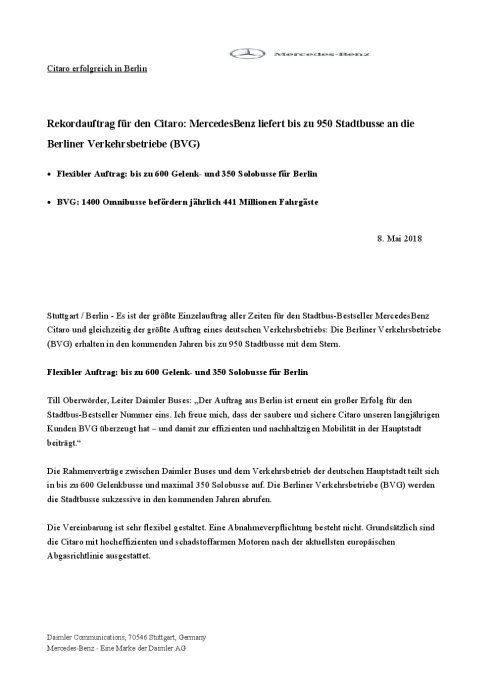 Citaro erfolgreich in Berlin: Rekordauftrag für den Citaro: Mercedes Benz liefert bis zu 950 Stadtbusse an die Berliner Verkehrsbetriebe (BVG)